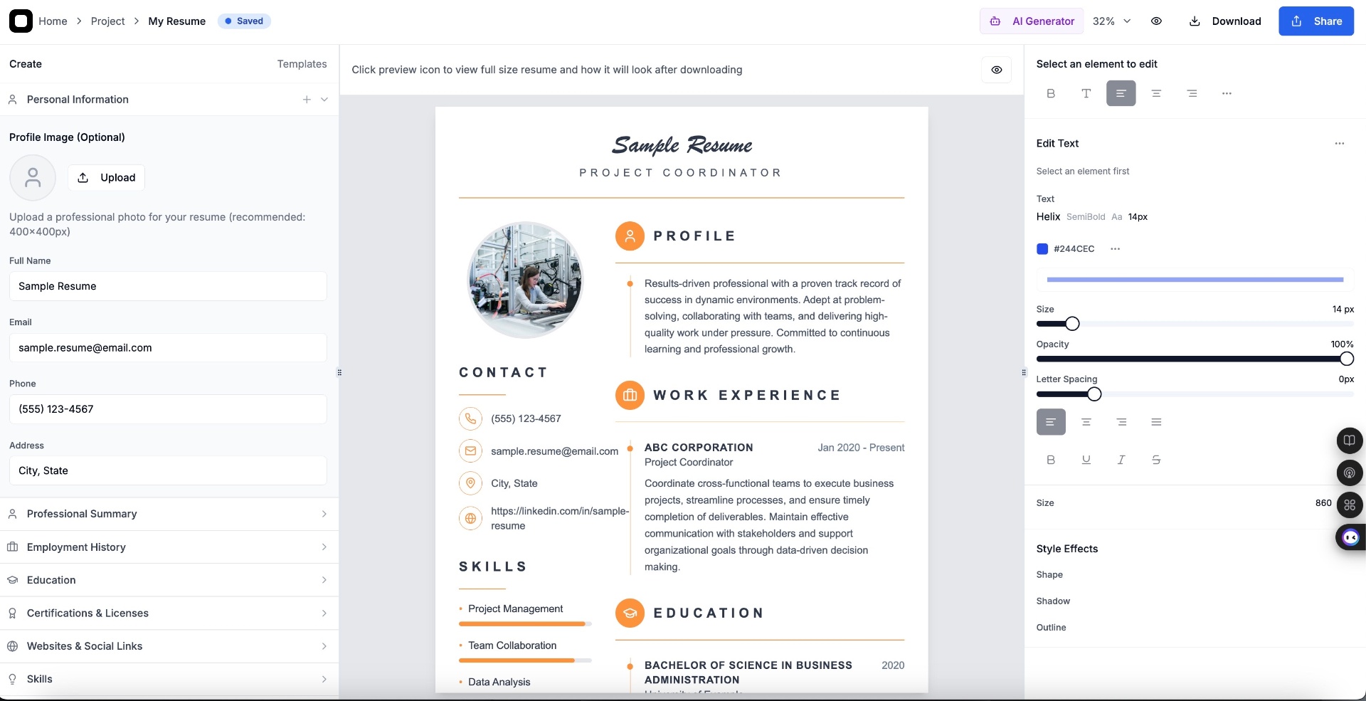 Resume Builder Interface